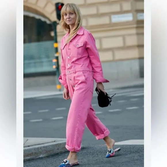 Ganni Pink Jumpsuit Boilersuit Cotton Denim Size 2